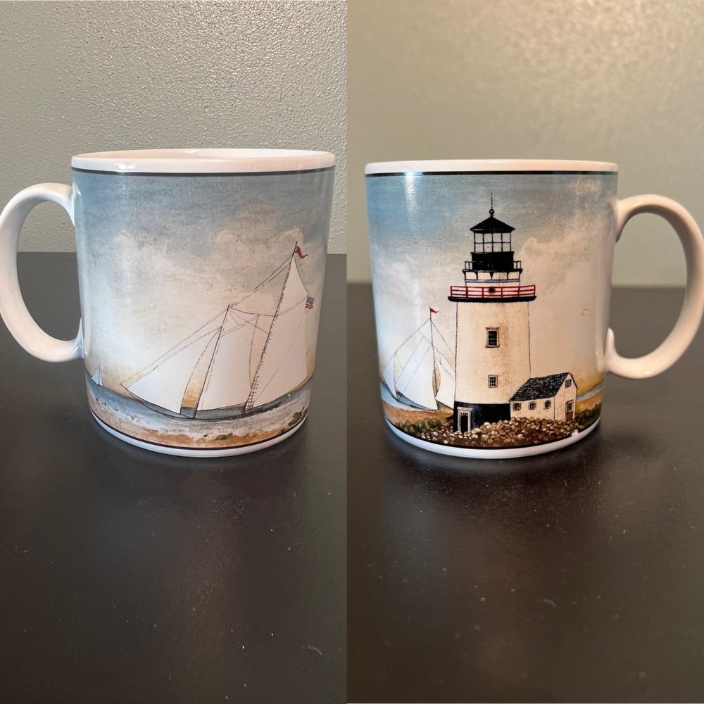 VTG Sakura By The Sea Coffee Mug David Carter Brown Coastal Lighthouse Sailboat